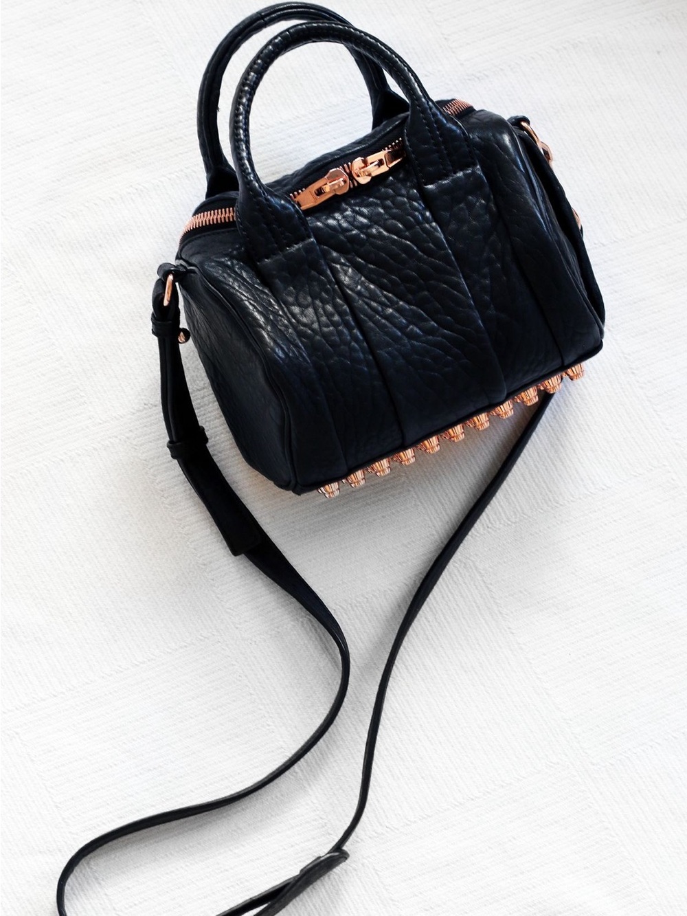 Alexander Wang Rockie Black Pebbled Leather  with Rose Gold Studs and hardware.